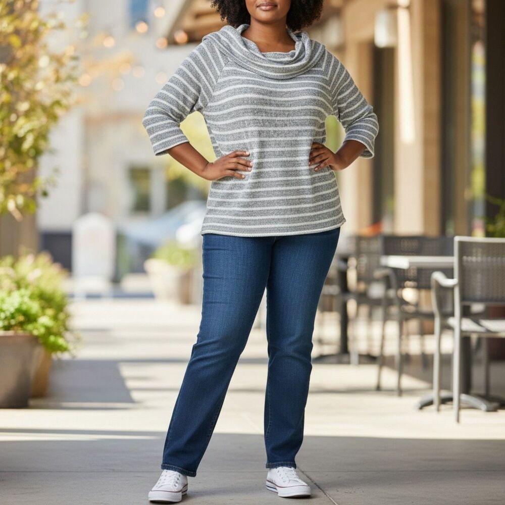 Lane Bryant NWOT, Grey White Striped Cowl Sweater 22/24